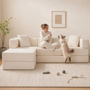 English Elm 108 Inch Modular Sectional Corduroy Cloud Couch with Deep Sink Chaise Lounge White W5385S00033