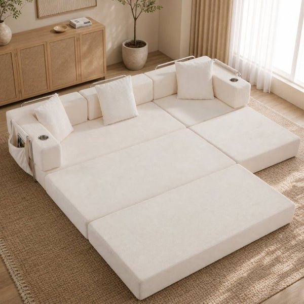 English Elm 108 Inch Modular Sectional Corduroy Cloud Couch with Deep Sink Chaise Lounge White W5385S00033