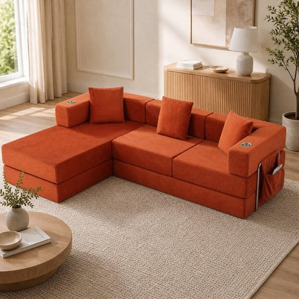 English Elm 108 Inch Modular Sectional Corduroy Cloud Couch with Deep Sink Chaise Lounge Orange W5385S00034