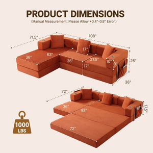 English Elm 108 Inch Modular Sectional Corduroy Cloud Couch with Deep Sink Chaise Lounge Orange W5385S00034