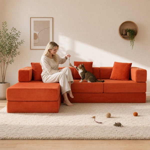 English Elm 108 Inch Modular Sectional Corduroy Cloud Couch with Deep Sink Chaise Lounge Orange W5385S00034