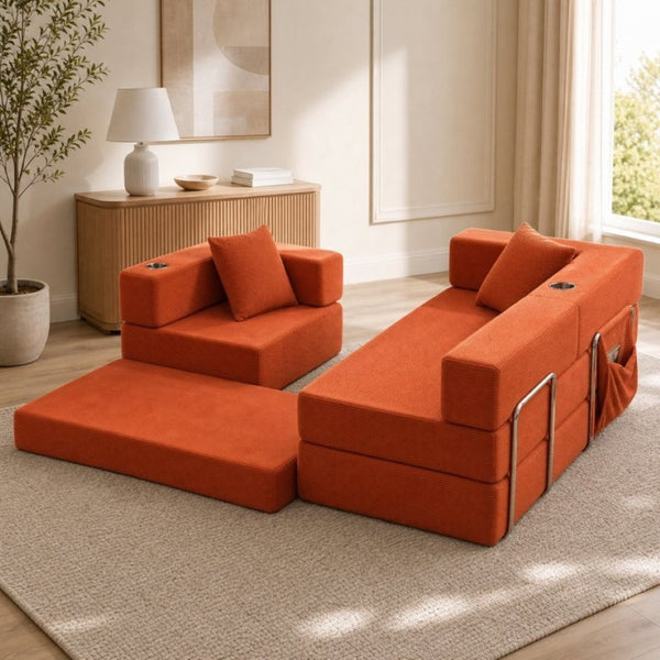 English Elm 108 Inch Modular Sectional Corduroy Cloud Couch with Deep Sink Chaise Lounge Orange W5385S00034