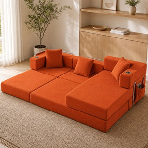 English Elm 108 Inch Modular Sectional Corduroy Cloud Couch with Deep Sink Chaise Lounge Orange W5385S00034