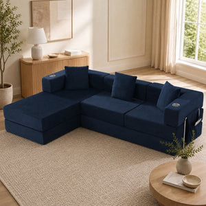 English Elm 108 Inch Modular Sectional Corduroy Cloud Couch with Deep Sink Chaise Lounge Blue W5385S00035