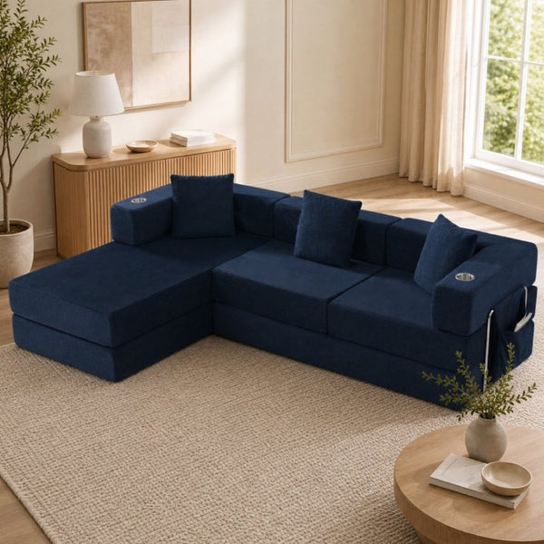 English Elm 108 Inch Modular Sectional Corduroy Cloud Couch with Deep Sink Chaise Lounge Blue W5385S00035
