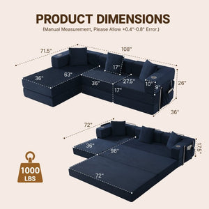 English Elm 108 Inch Modular Sectional Corduroy Cloud Couch with Deep Sink Chaise Lounge Blue W5385S00035
