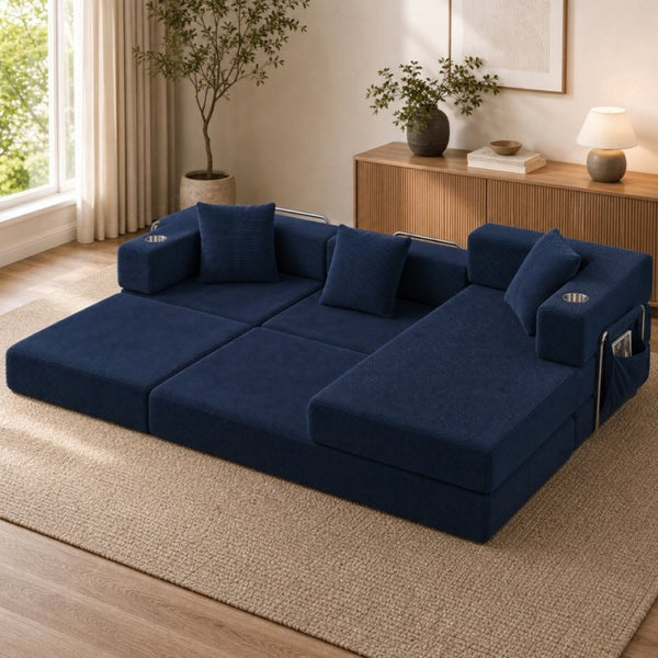 English Elm 108 Inch Modular Sectional Corduroy Cloud Couch with Deep Sink Chaise Lounge Blue W5385S00035