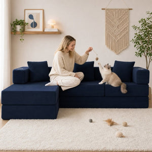 English Elm 108 Inch Modular Sectional Corduroy Cloud Couch with Deep Sink Chaise Lounge Blue W5385S00035