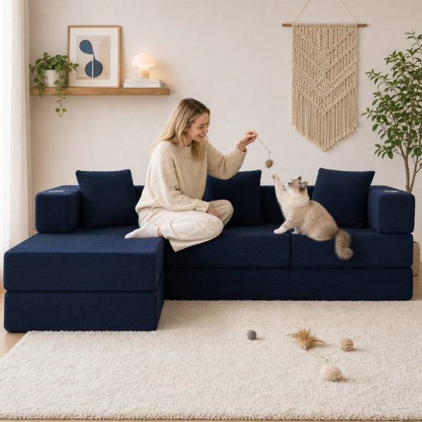 English Elm 108 Inch Modular Sectional Corduroy Cloud Couch with Deep Sink Chaise Lounge Blue W5385S00035