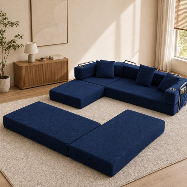 English Elm 108 Inch Modular Sectional Corduroy Cloud Couch with Deep Sink Chaise Lounge Blue W5385S00035