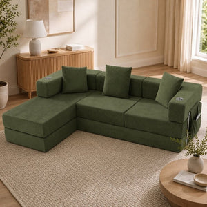 English Elm 108 Inch Modular Sectional Corduroy Cloud Couch with Deep Sink Chaise Lounge Green W5385S00036