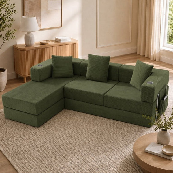 English Elm 108 Inch Modular Sectional Corduroy Cloud Couch with Deep Sink Chaise Lounge Green W5385S00036