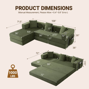 English Elm 108 Inch Modular Sectional Corduroy Cloud Couch with Deep Sink Chaise Lounge Green W5385S00036