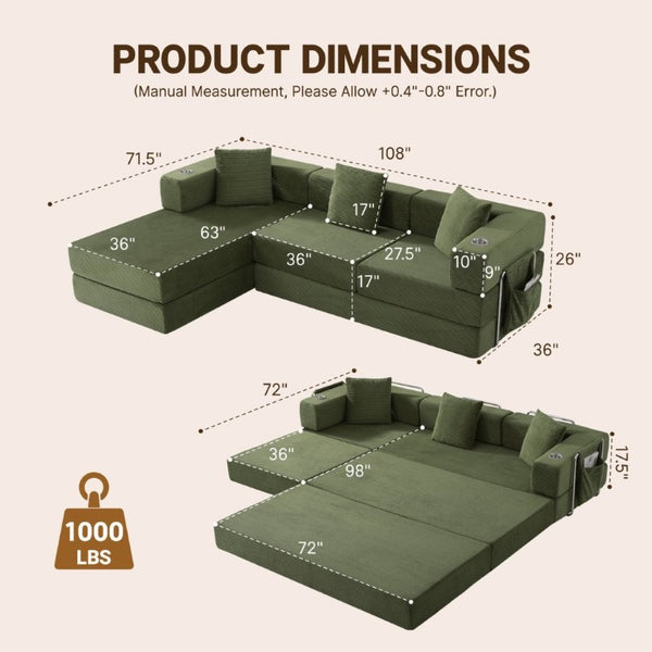 English Elm 108 Inch Modular Sectional Corduroy Cloud Couch with Deep Sink Chaise Lounge Green W5385S00036