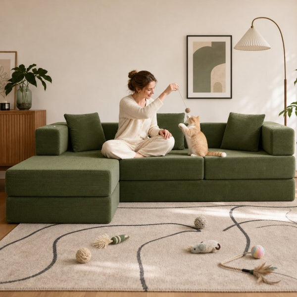 English Elm 108 Inch Modular Sectional Corduroy Cloud Couch with Deep Sink Chaise Lounge Green W5385S00036