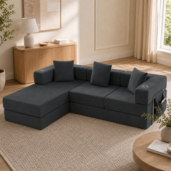 English Elm 108 Inch Modular Sectional Corduroy Cloud Couch with Deep Sink Chaise Lounge Gray W5385S00037
