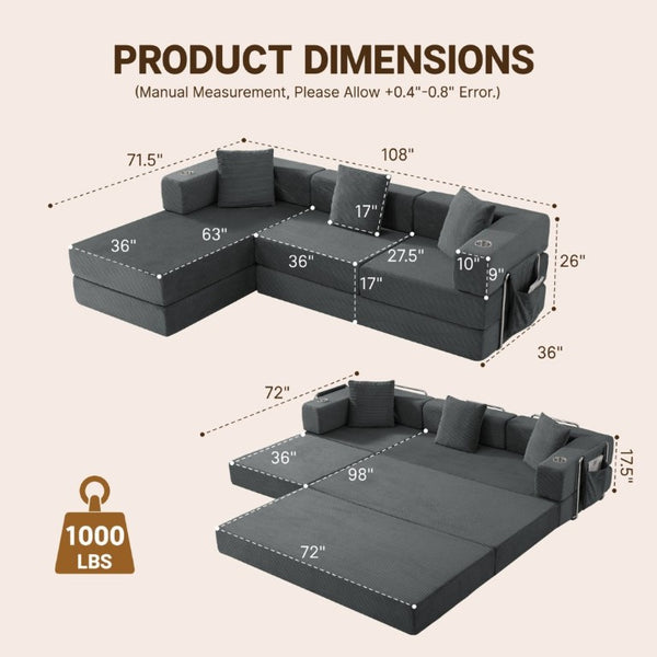 English Elm 108 Inch Modular Sectional Corduroy Cloud Couch with Deep Sink Chaise Lounge Gray W5385S00037