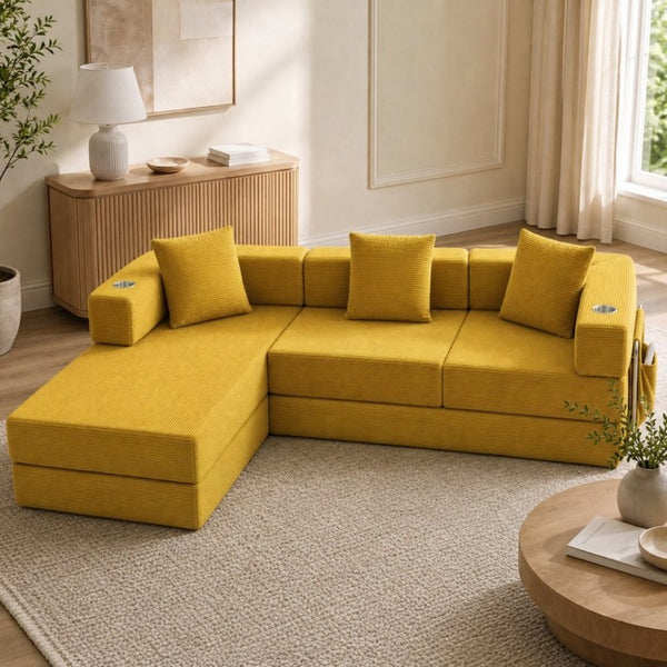 English Elm 108 Inch Modular Sectional Corduroy Cloud Couch with Deep Sink Chaise Lounge Yellow W5385S00038