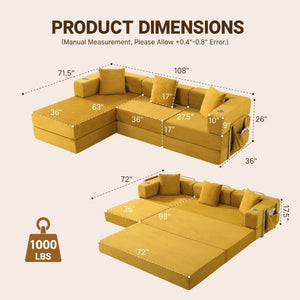 English Elm 108 Inch Modular Sectional Corduroy Cloud Couch with Deep Sink Chaise Lounge Yellow W5385S00038