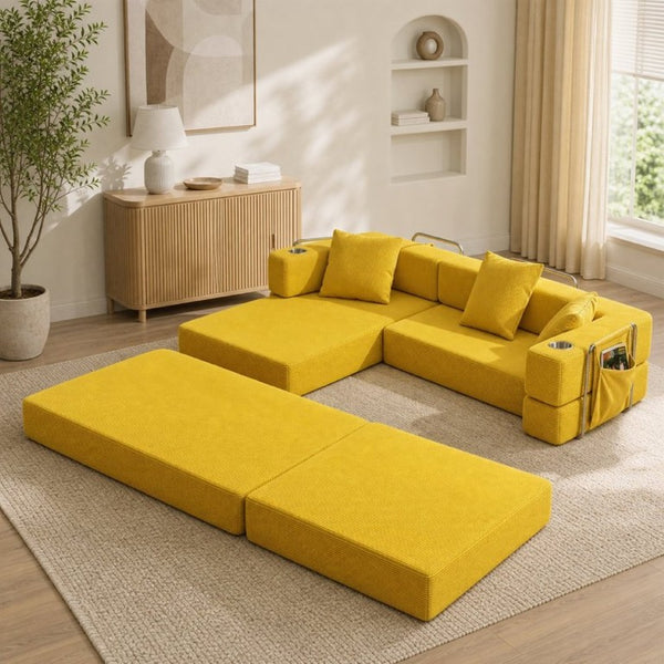 English Elm 108 Inch Modular Sectional Corduroy Cloud Couch with Deep Sink Chaise Lounge Yellow W5385S00038