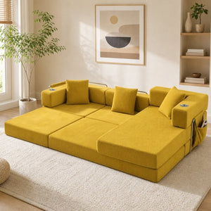 English Elm 108 Inch Modular Sectional Corduroy Cloud Couch with Deep Sink Chaise Lounge Yellow W5385S00038