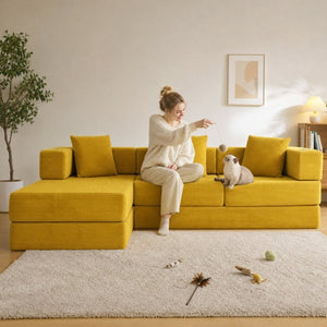 English Elm 108 Inch Modular Sectional Corduroy Cloud Couch with Deep Sink Chaise Lounge Yellow W5385S00038