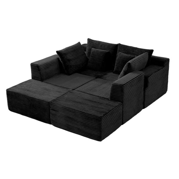English Elm 83 Inch Frameless Double Chaise Lounge Sofa with High Density Foam Core and Four Pillows 131 inches Black Corduroy W5385S00039
