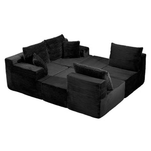English Elm 83 Inch Frameless Double Chaise Lounge Sofa with High Density Foam Core and Four Pillows 131 inches Black Corduroy W5385S00039