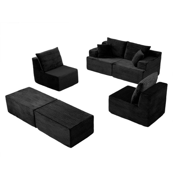 English Elm 83 Inch Frameless Double Chaise Lounge Sofa with High Density Foam Core and Four Pillows 131 inches Black Corduroy W5385S00039