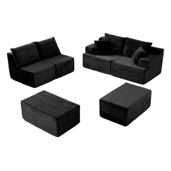 English Elm 83 Inch Frameless Double Chaise Lounge Sofa with High Density Foam Core and Four Pillows 131 inches Black Corduroy W5385S00039