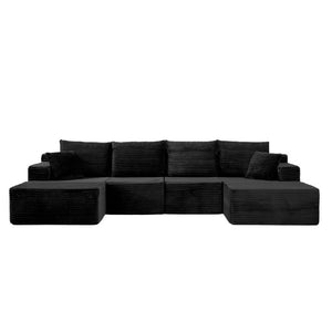 English Elm 83 Inch Frameless Double Chaise Lounge Sofa with High Density Foam Core and Four Pillows 131 inches Black Corduroy W5385S00039