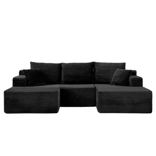 English Elm 83 Inch Frameless Double Chaise Lounge Sofa with High Density Foam Core and Four Pillows 131 inches Black Corduroy W5385S00039