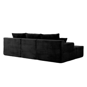 English Elm 83 Inch Frameless Double Chaise Lounge Sofa with High Density Foam Core and Four Pillows 131 inches Black Corduroy W5385S00039