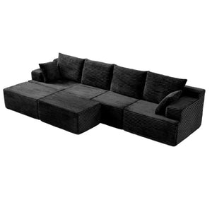 English Elm 83 Inch Frameless Double Chaise Lounge Sofa with High Density Foam Core and Four Pillows 131 inches Black Corduroy W5385S00039