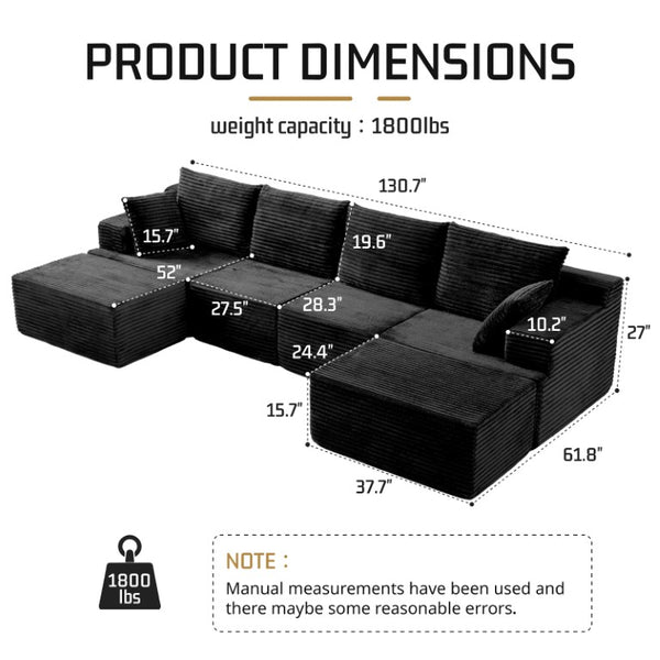 English Elm 83 Inch Frameless Double Chaise Lounge Sofa with High Density Foam Core and Four Pillows 131 inches Black Corduroy W5385S00039