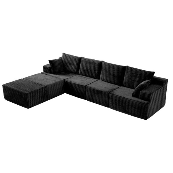 English Elm 83 Inch Frameless Double Chaise Lounge Sofa with High Density Foam Core and Four Pillows 131 inches Black Corduroy W5385S00039