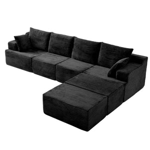 English Elm 83 Inch Frameless Double Chaise Lounge Sofa with High Density Foam Core and Four Pillows 131 inches Black Corduroy W5385S00039