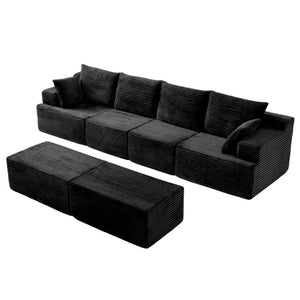English Elm 83 Inch Frameless Double Chaise Lounge Sofa with High Density Foam Core and Four Pillows 131 inches Black Corduroy W5385S00039
