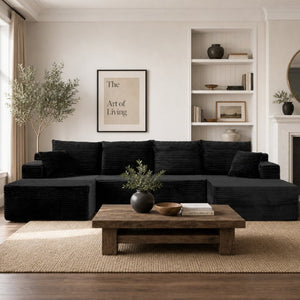 English Elm 83 Inch Frameless Double Chaise Lounge Sofa with High Density Foam Core and Four Pillows 131 inches Black Corduroy W5385S00039