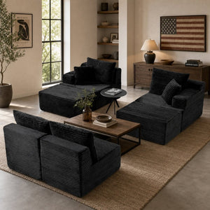 English Elm 83 Inch Frameless Double Chaise Lounge Sofa with High Density Foam Core and Four Pillows 131 inches Black Corduroy W5385S00039