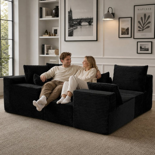 English Elm 83 Inch Frameless Double Chaise Lounge Sofa with High Density Foam Core and Four Pillows 131 inches Black Corduroy W5385S00039