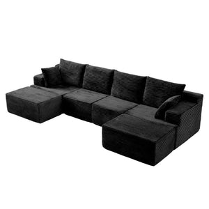 English Elm 83 Inch Frameless Double Chaise Lounge Sofa with High Density Foam Core and Four Pillows 131 inches Black Corduroy W5385S00039