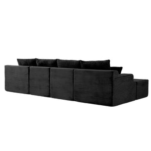 English Elm 83 Inch Frameless Double Chaise Lounge Sofa with High Density Foam Core and Four Pillows 131 inches Black Corduroy W5385S00039