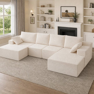 English Elm 83 Inch Frameless Double Chaise Lounge Sofa with High Density Foam Core and Four Pillows 131 inches White Corduroy W5385S00040