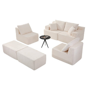English Elm 83 Inch Frameless Double Chaise Lounge Sofa with High Density Foam Core and Four Pillows 131 inches White Corduroy W5385S00040