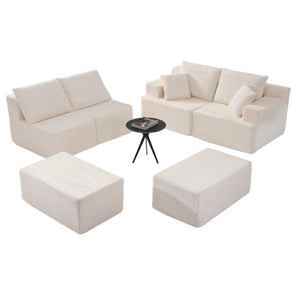 English Elm 83 Inch Frameless Double Chaise Lounge Sofa with High Density Foam Core and Four Pillows 131 inches White Corduroy W5385S00040