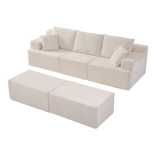 English Elm 83 Inch Frameless Double Chaise Lounge Sofa with High Density Foam Core and Four Pillows 131 inches White Corduroy W5385S00040