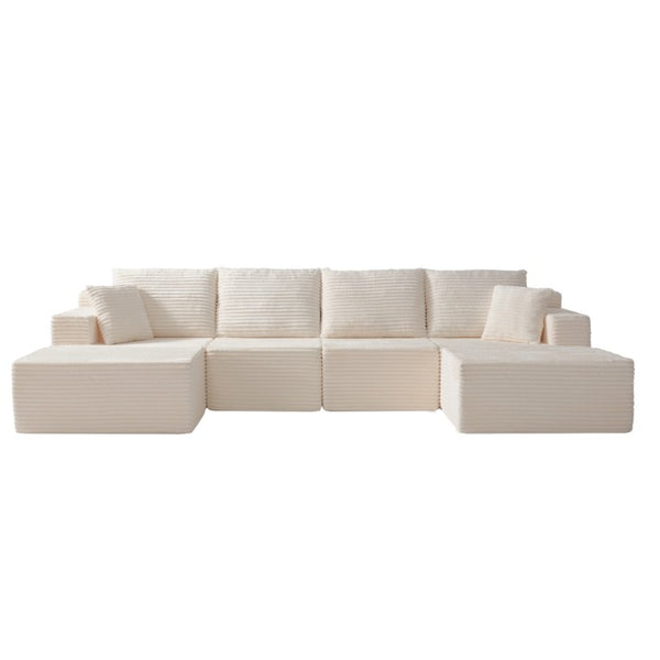 English Elm 83 Inch Frameless Double Chaise Lounge Sofa with High Density Foam Core and Four Pillows 131 inches White Corduroy W5385S00040