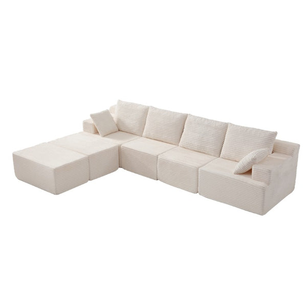 English Elm 83 Inch Frameless Double Chaise Lounge Sofa with High Density Foam Core and Four Pillows 131 inches White Corduroy W5385S00040