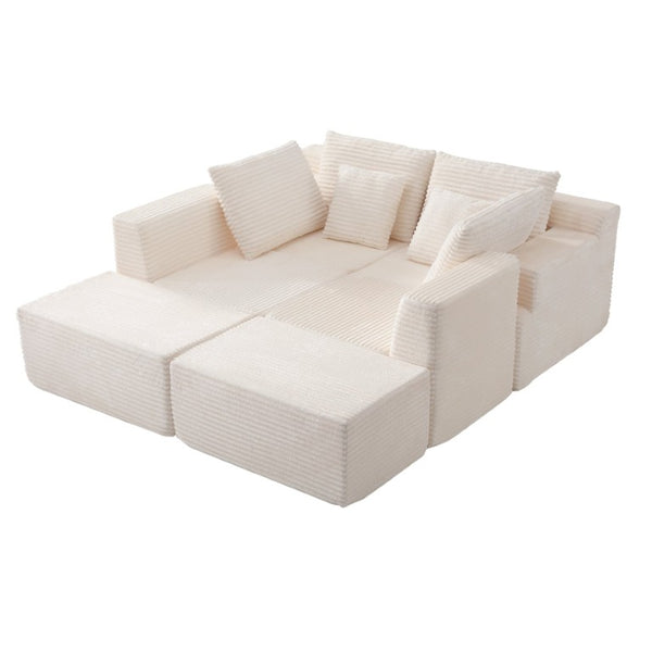 English Elm 83 Inch Frameless Double Chaise Lounge Sofa with High Density Foam Core and Four Pillows 131 inches White Corduroy W5385S00040